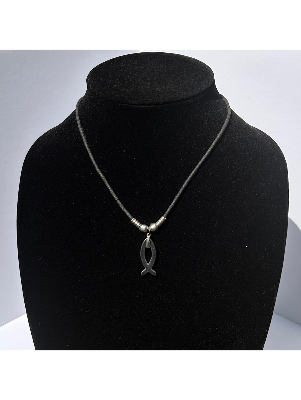 Vintage Jewelry - Fish Pendant Silver Tone Black Rope 17” Necklace